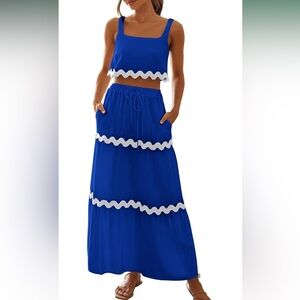 Chic Blue Maxi Skirt with White Trim